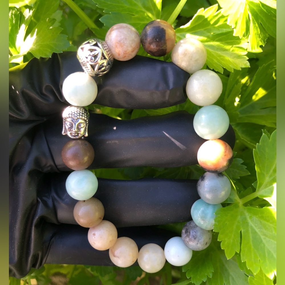 Amazonite Beaded Stretch Bracelet with Silver Buddha Bohemian Summer Festival